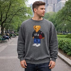 Polo Ralph Lauren grey sweatshirt large USA bear graphic basketball Preppy Vtg